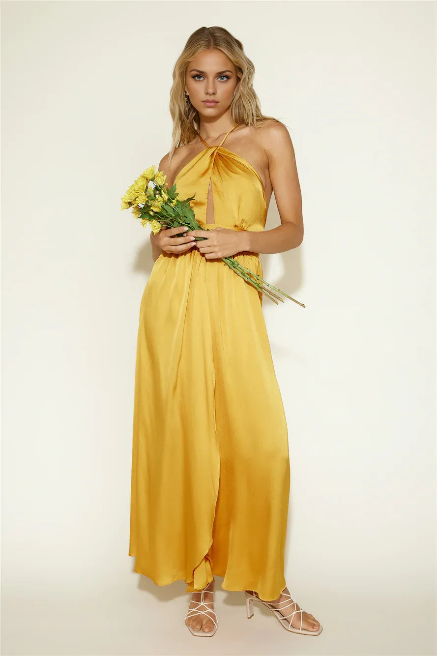 Simple A-Line Halter Neck Sleeveless Backless Floor-Length Prom Dress