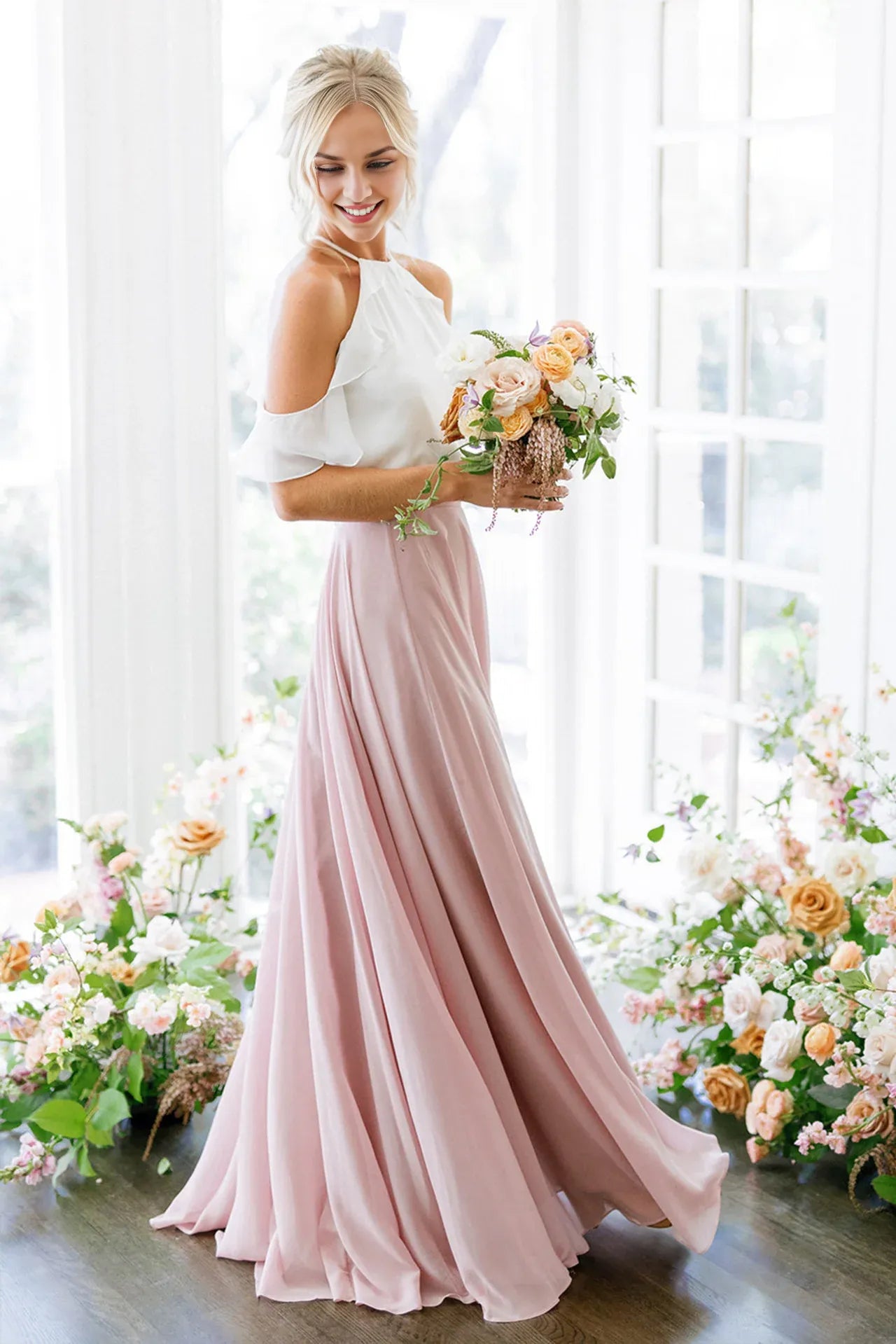 Simple A-Line Halter Neck Sleeveless Chiffon Floor-Length Prom Dress