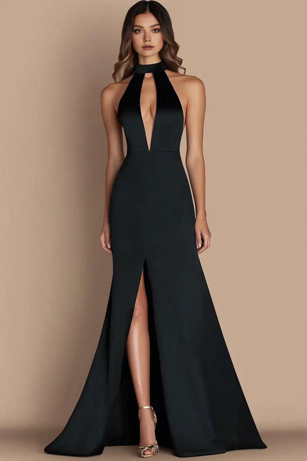 Simple A-Line Halter Neck Sleeveless Satin Floor-Length Evening Dress