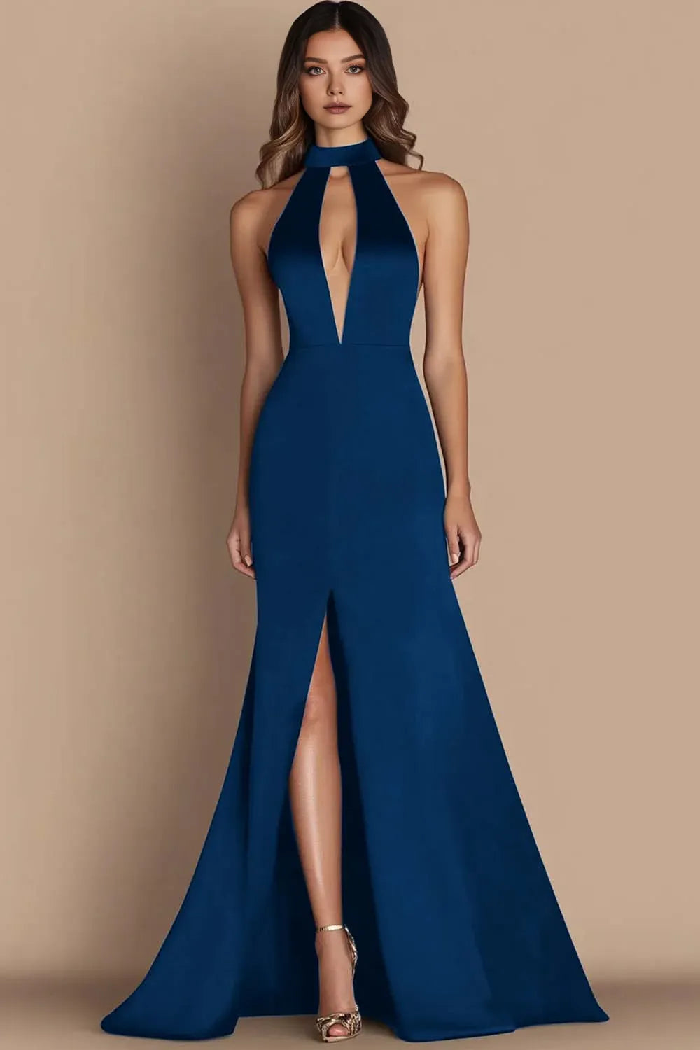 Simple A-Line Halter Neck Sleeveless Satin Floor-Length Evening Dress