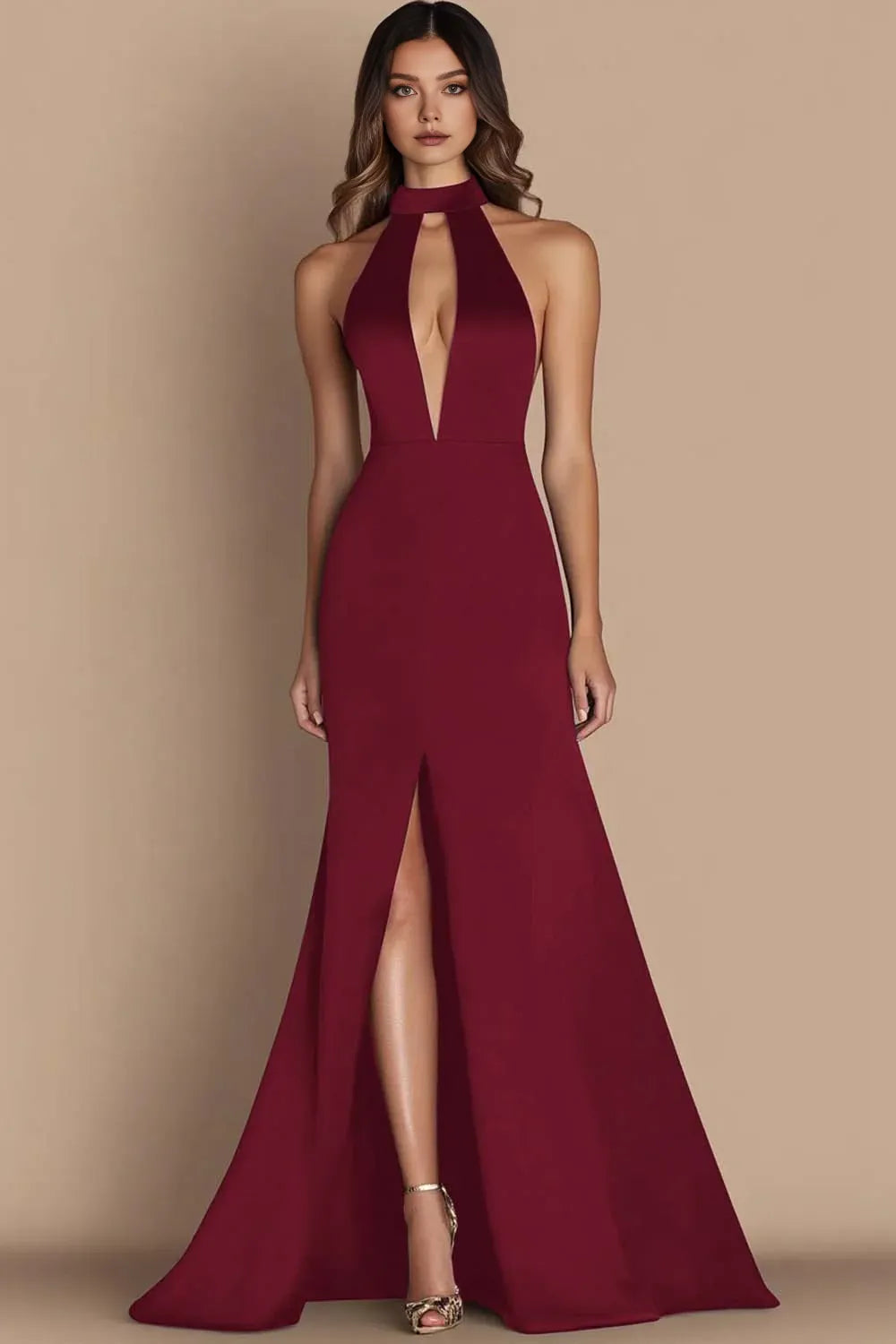 Simple A-Line Halter Neck Sleeveless Satin Floor-Length Evening Dress