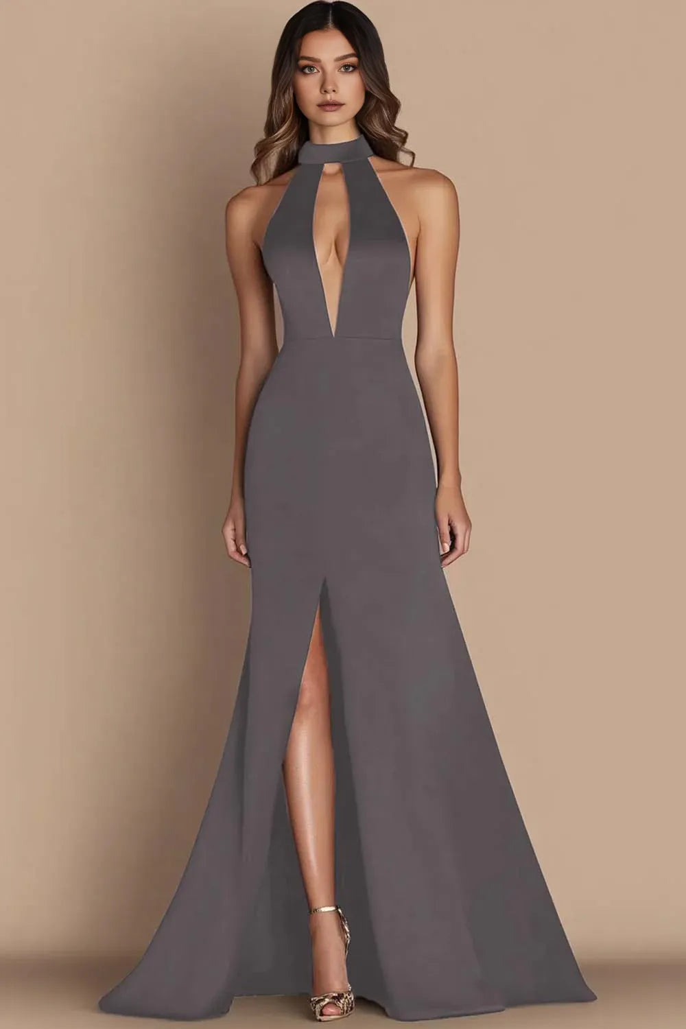 Simple A-Line Halter Neck Sleeveless Satin Floor-Length Evening Dress