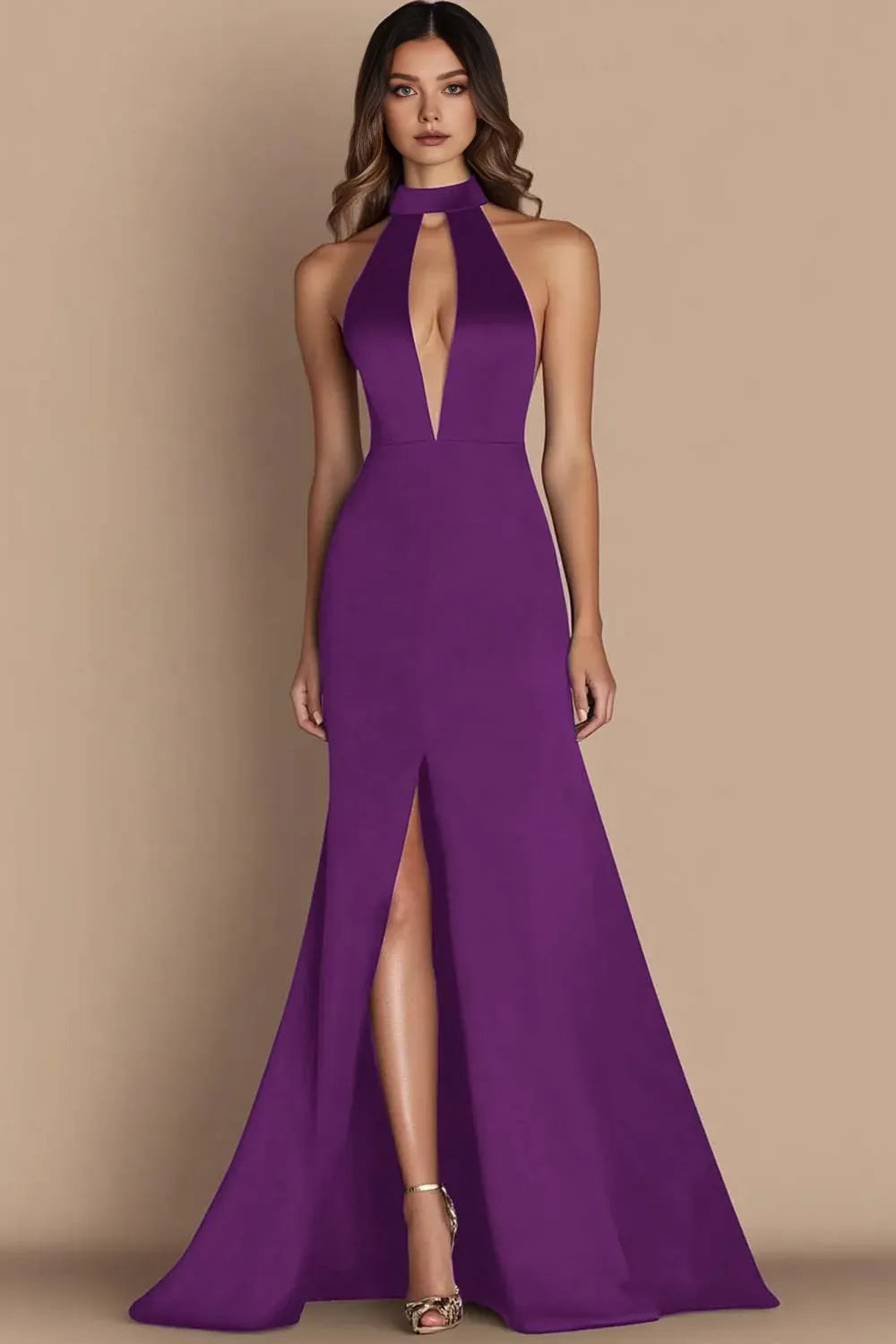 Simple A-Line Halter Neck Sleeveless Satin Floor-Length Evening Dress