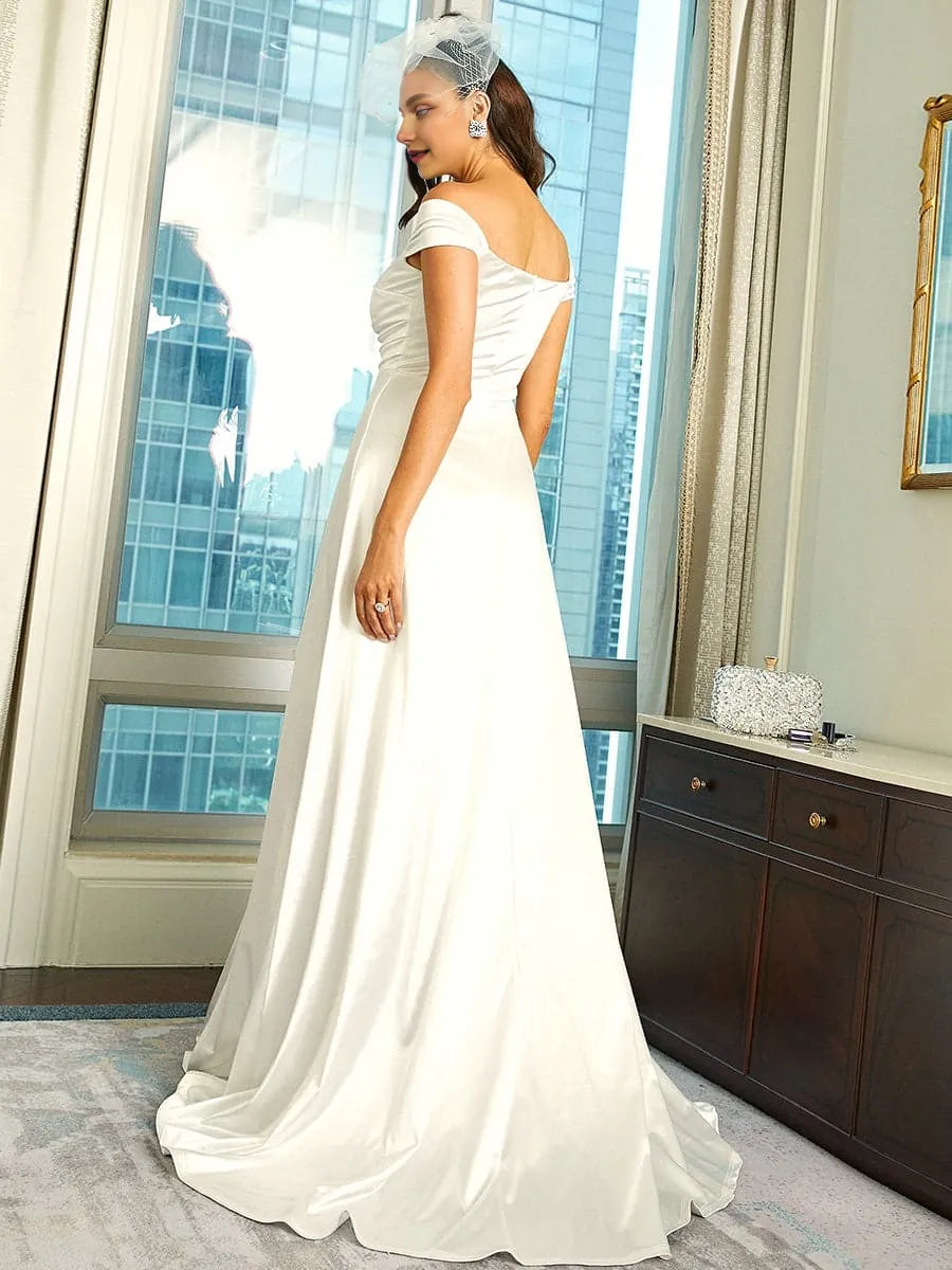Simple A-Line Off Shoulder Cap Sleeve Backless Floor-Length Prom Dress