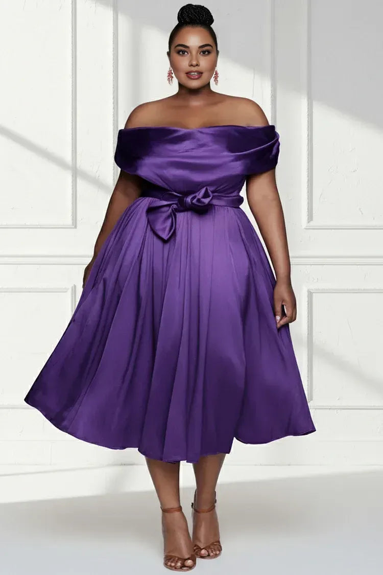 Simple A-Line Off The Shoulder Cap Sleeve Satin Midi Length Plus Size Prom Dress