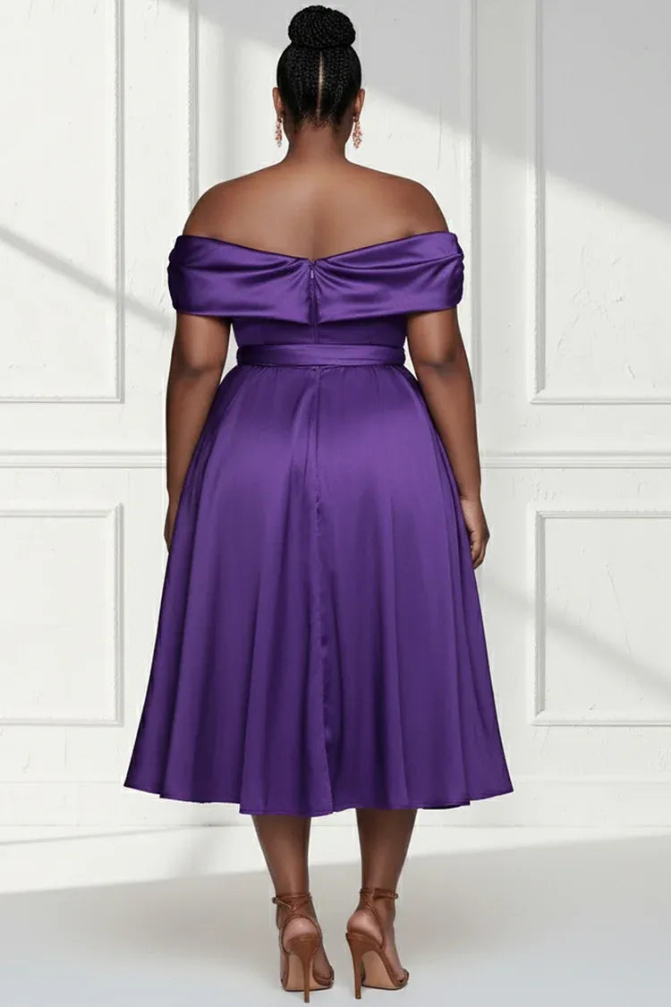 Simple A-Line Off The Shoulder Cap Sleeve Satin Midi Length Plus Size Prom Dress