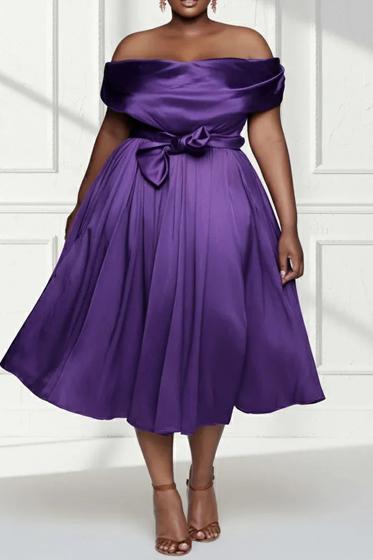 Simple A-Line Off The Shoulder Cap Sleeve Satin Midi Length Plus Size Prom Dress