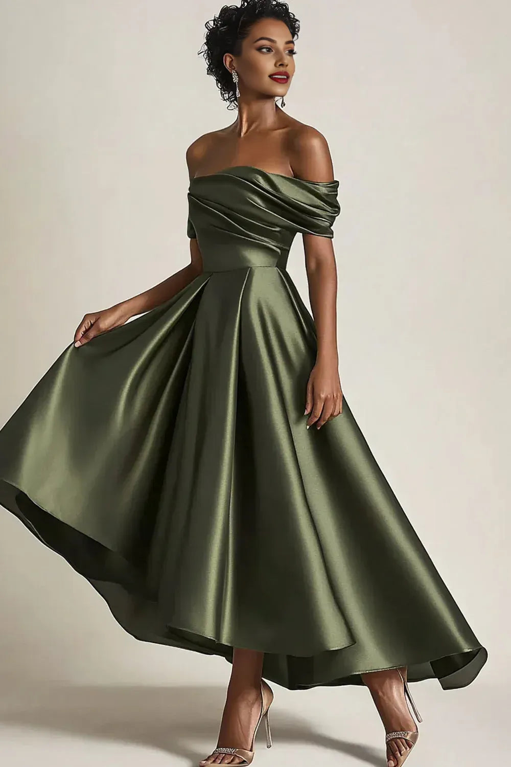 Simple A-Line Off the Shoulder Sleeveless Satin Ruched Floor-Length Mother of the Bride Dress