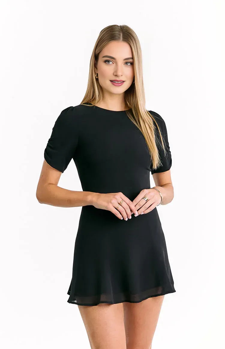 Simple A-Line/Princess High Neck Short Sleeve Keyhole Cutout Back Above Knee Homecoming Dress
