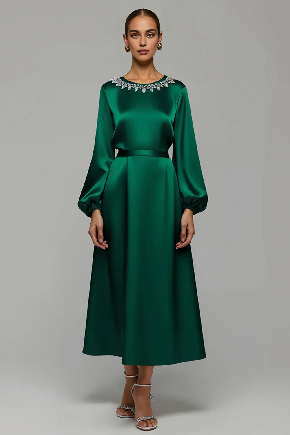 Simple A-Line Scoop Neck Long Sleeve Satin Ankle-Length Prom Dress