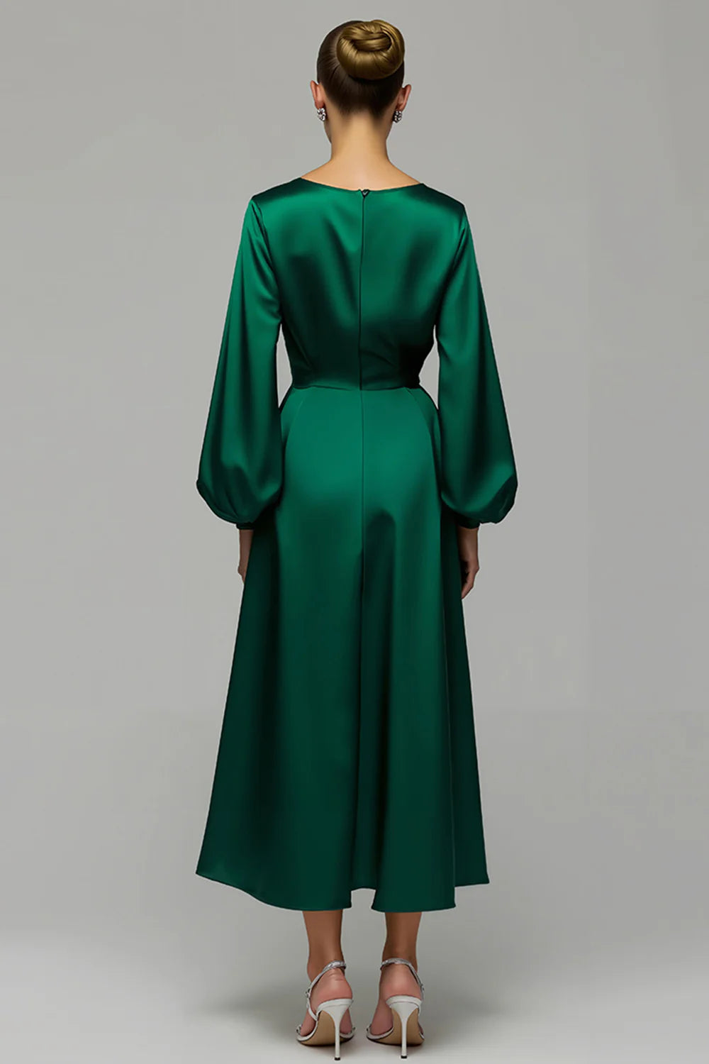 Simple A-Line Scoop Neck Long Sleeve Satin Ankle-Length Prom Dress
