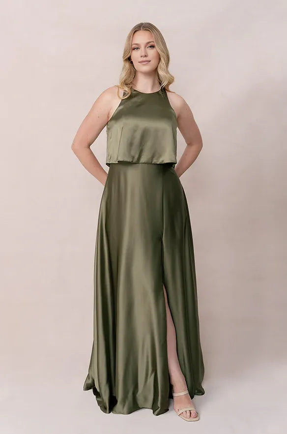 Simple A-Line Scoop Neck Sleeveless Satin Floor-Length Prom Dress