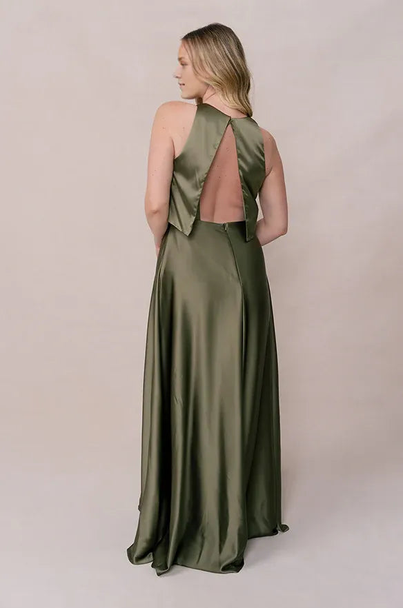 Simple A-Line Scoop Neck Sleeveless Satin Floor-Length Prom Dress