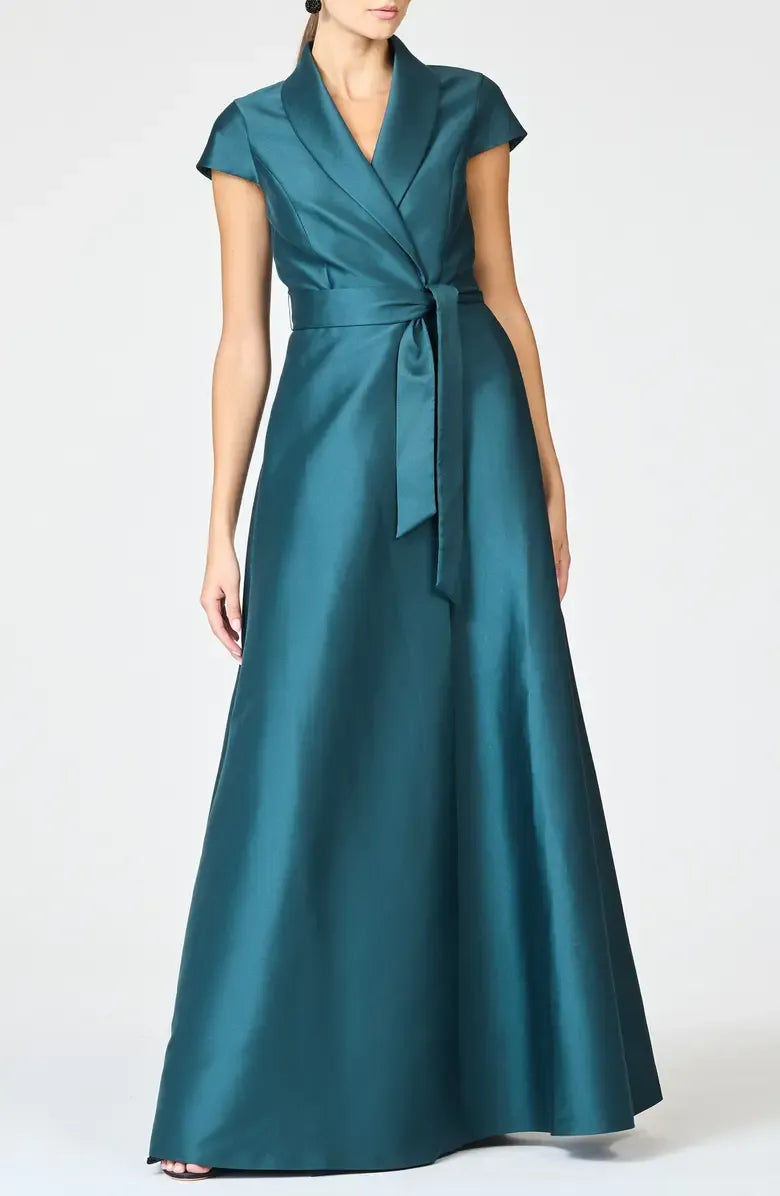 Simple A-Line Shirt Collared Cap Sleeve Satin Floor-Length Mother of the Bride Dress