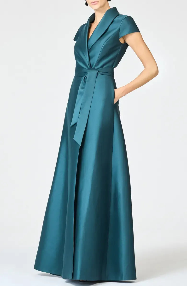 Simple A-Line Shirt Collared Cap Sleeve Satin Floor-Length Mother of the Bride Dress