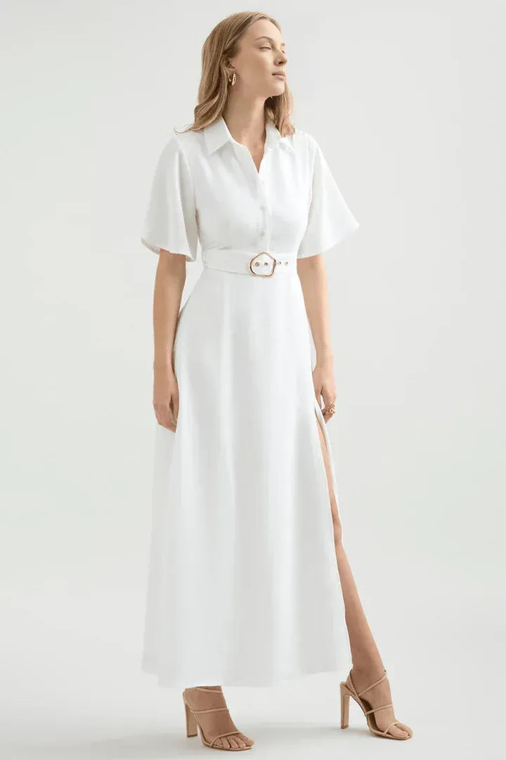 Simple A-Line Shirt Collared Short Sleeves High Split Floor-Length Wedding Dress