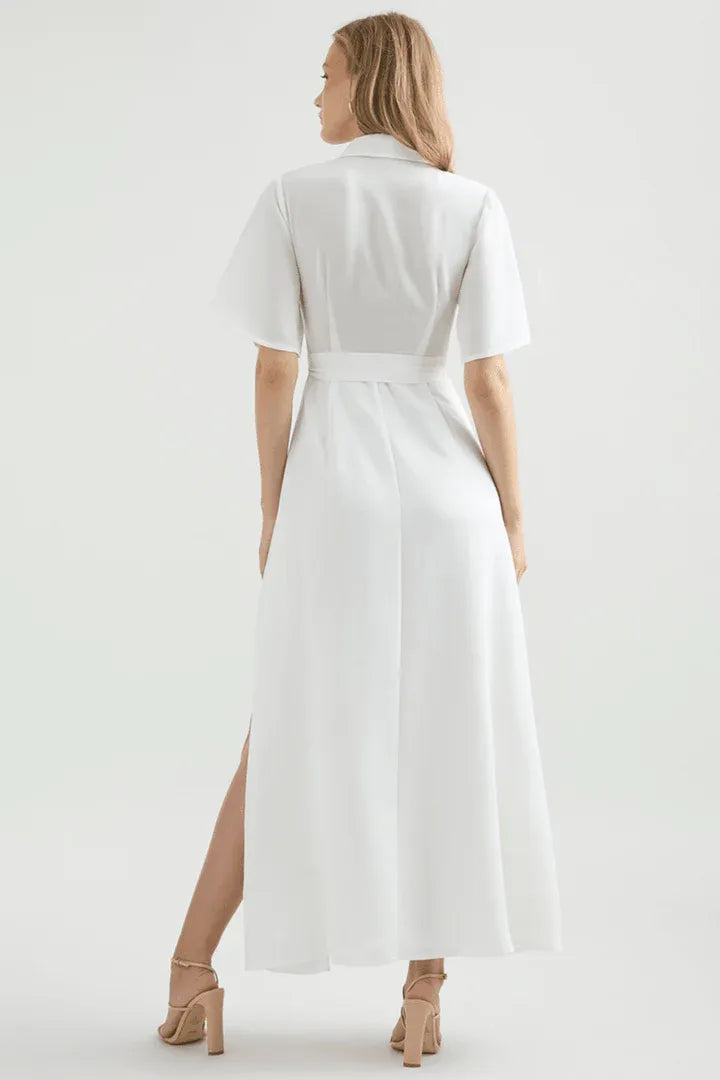 Simple A-Line Shirt Collared Short Sleeves High Split Floor-Length Wedding Dress