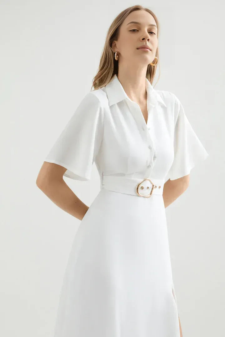 Simple A-Line Shirt Collared Short Sleeves High Split Floor-Length Wedding Dress