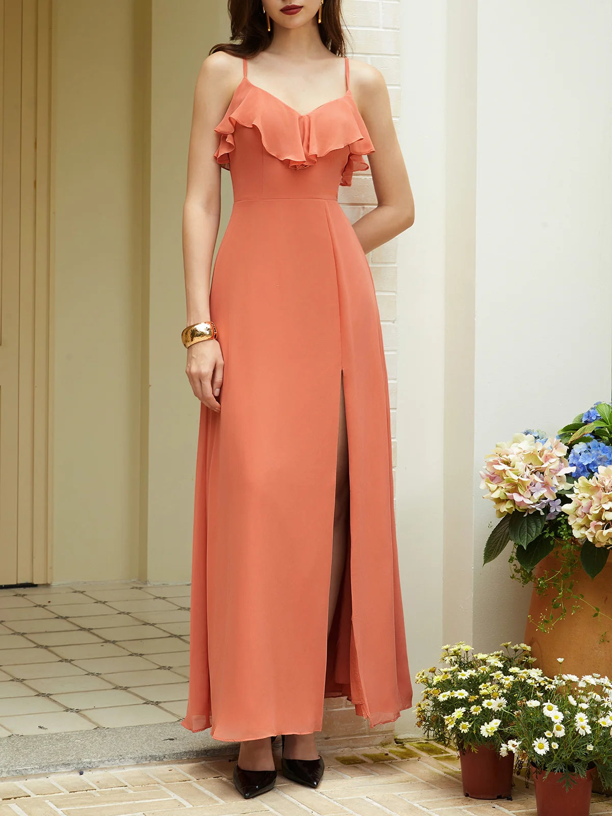 Simple A-Line Spaghetti Straps Sleeveless Zipper Up Floor-Length Prom Dress