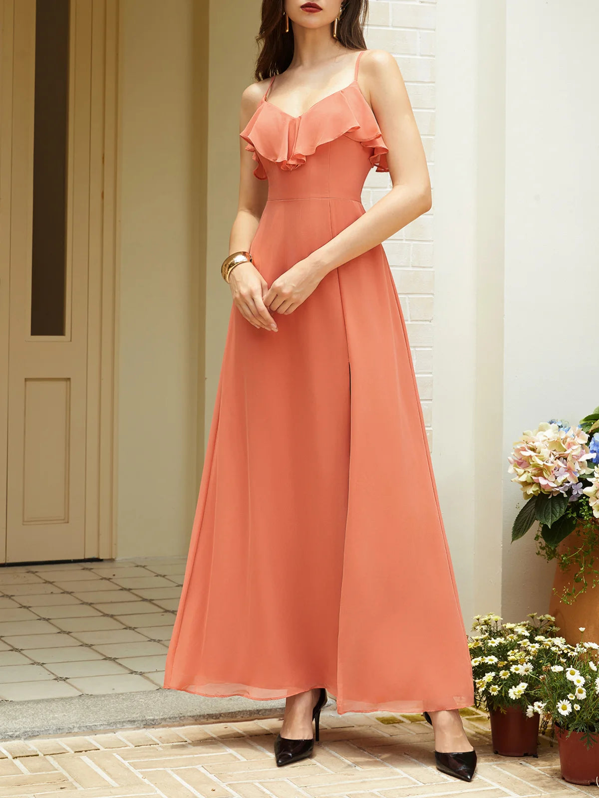 Simple A-Line Spaghetti Straps Sleeveless Zipper Up Floor-Length Prom Dress