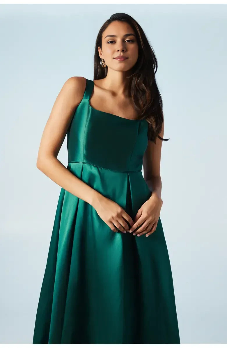 Simple A-Line Square-Neck Sleeveless Satin Floor-Length Prom Dress