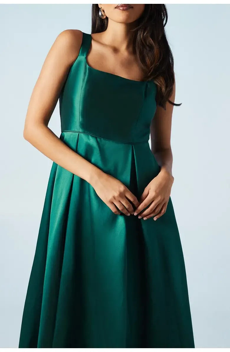 Simple A-Line Square-Neck Sleeveless Satin Floor-Length Prom Dress