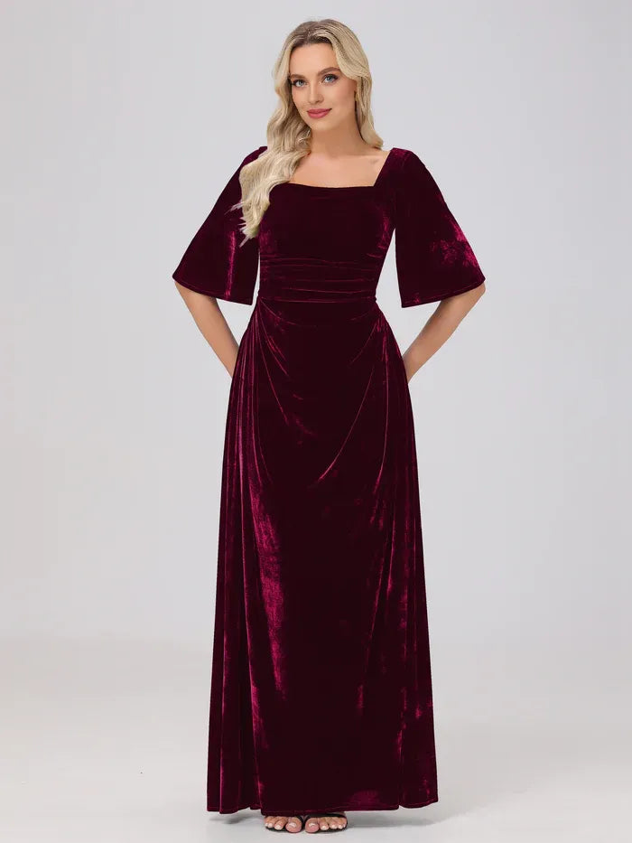 Simple A-Line Square Neck Half Sleeves Velvet Floor Length Mother of the Bride Dress