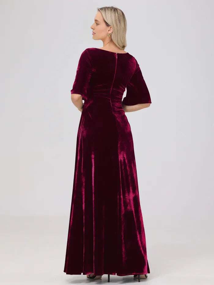 Simple A-Line Square Neck Half Sleeves Velvet Floor Length Mother of the Bride Dress