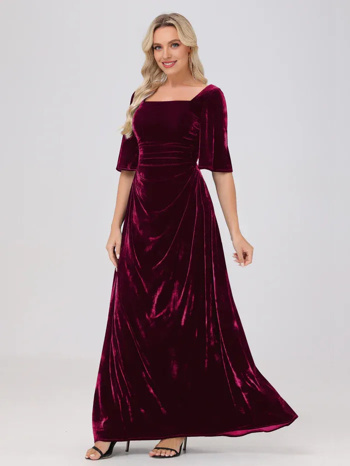 Simple A-Line Square Neck Half Sleeves Velvet Floor Length Mother of the Bride Dress