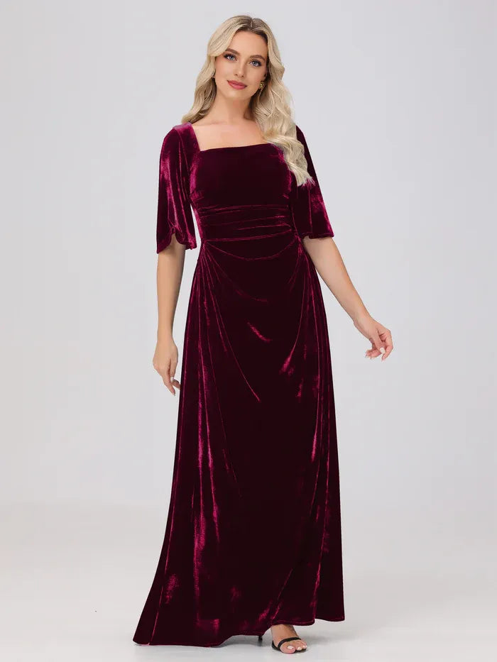 Simple A-Line Square Neck Half Sleeves Velvet Floor Length Mother of the Bride Dress
