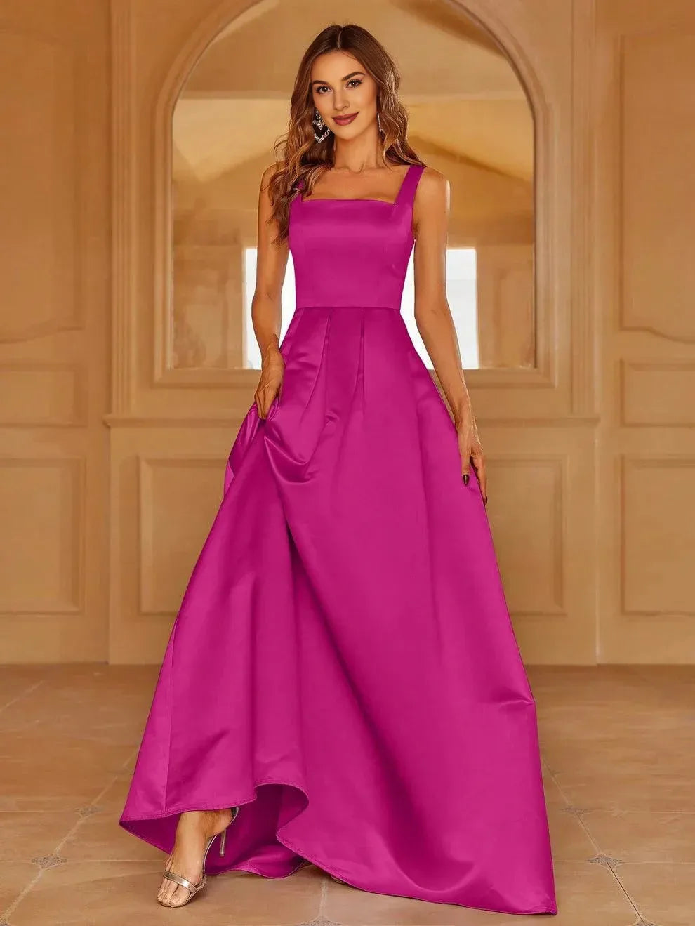 Simple A-Line Square Neck Sleeveless Lace Up Floor-Length Prom Dress