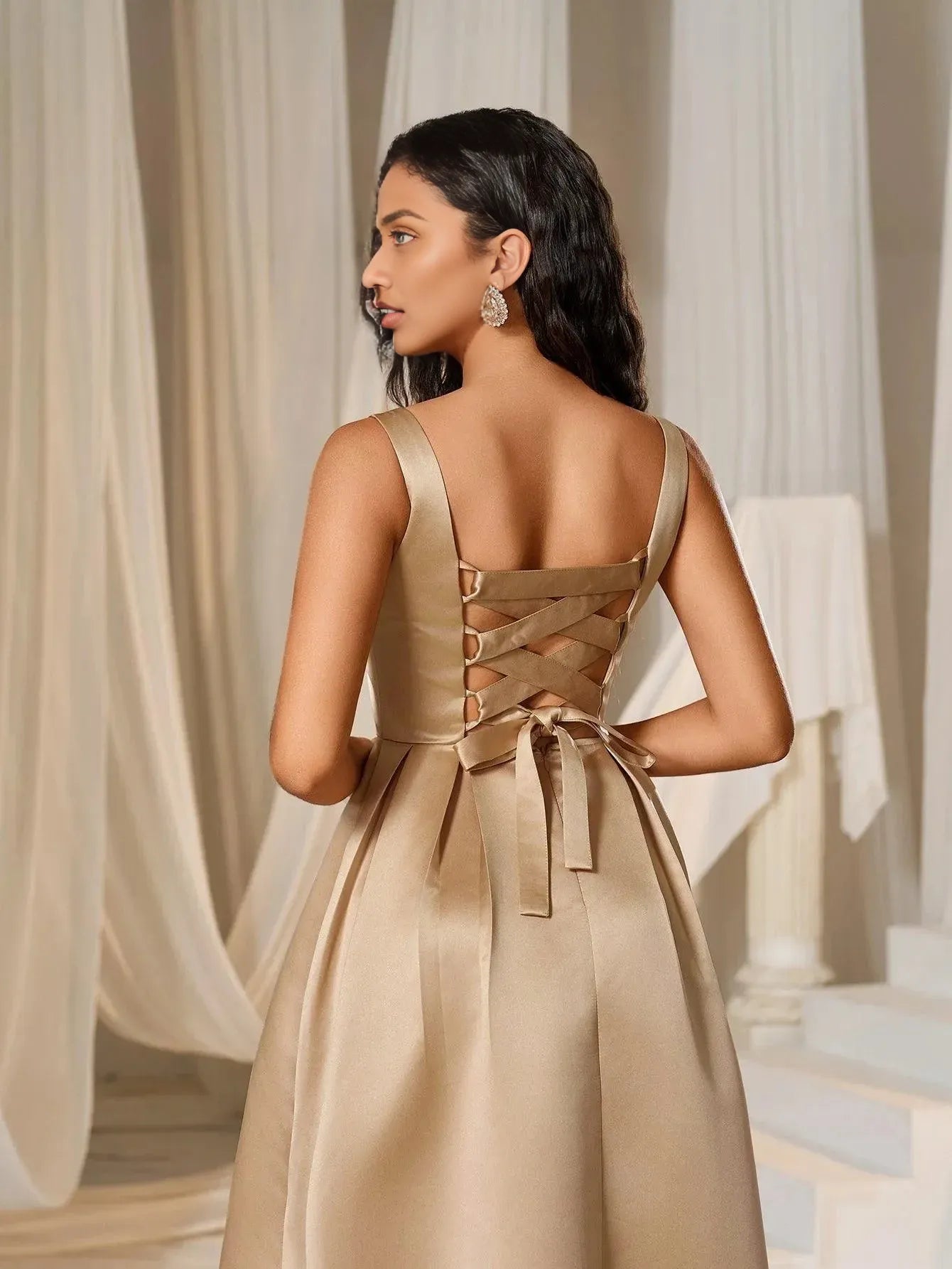 Simple A-Line Square Neck Sleeveless Lace Up Floor-Length Prom Dress