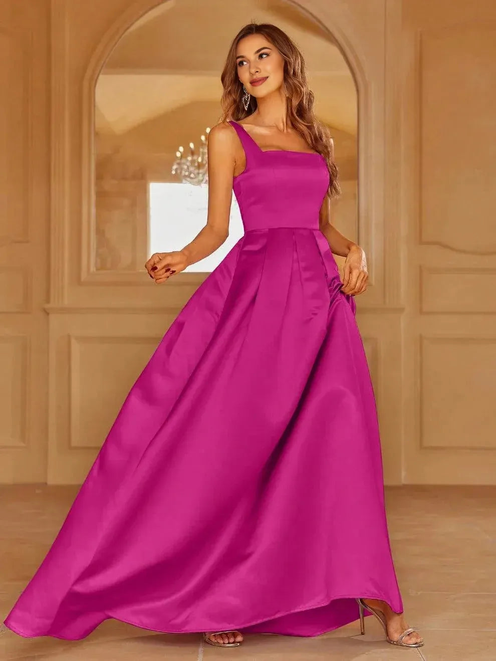 Simple A-Line Square Neck Sleeveless Lace Up Floor-Length Prom Dress