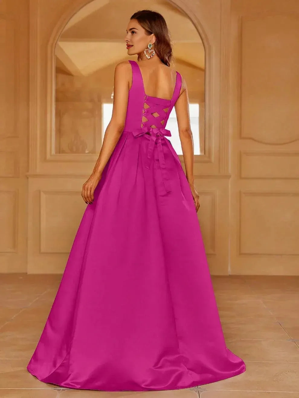 Simple A-Line Square Neck Sleeveless Lace Up Floor-Length Prom Dress