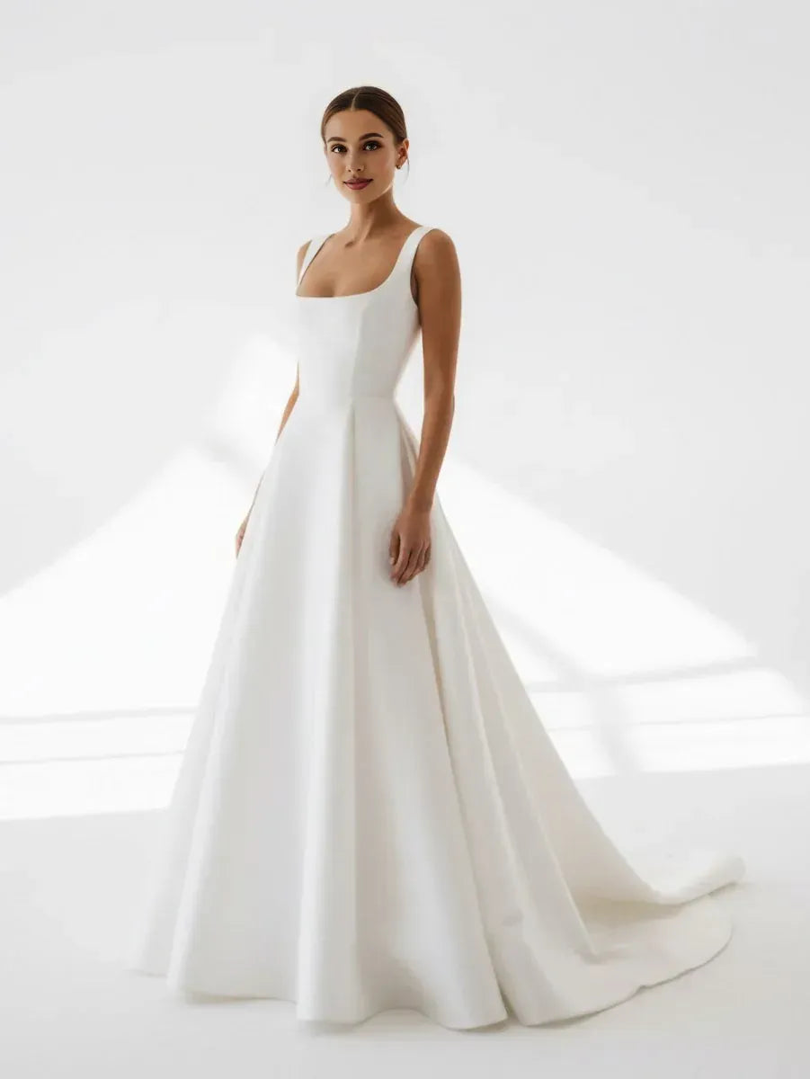 Simple A-Line Square Neck Sleeveless Pleated Satin Sweep Train Wedding Dress