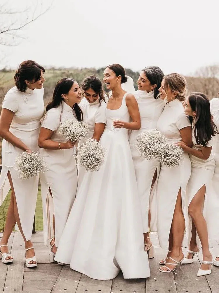 Simple A-Line Square Neck Sleeveless Pleated Satin Sweep Train Wedding Dress