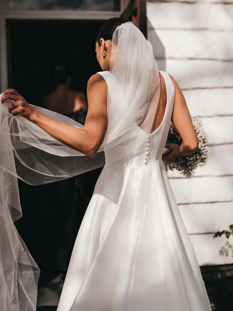 Simple A-Line Square Neck Sleeveless Pleated Satin Sweep Train Wedding Dress