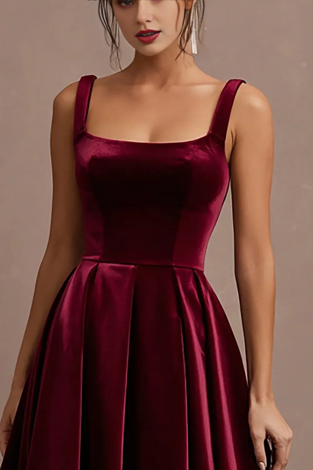 Simple A-Line Square Neck Sleeveless Velvet Tea-Length Prom Dress