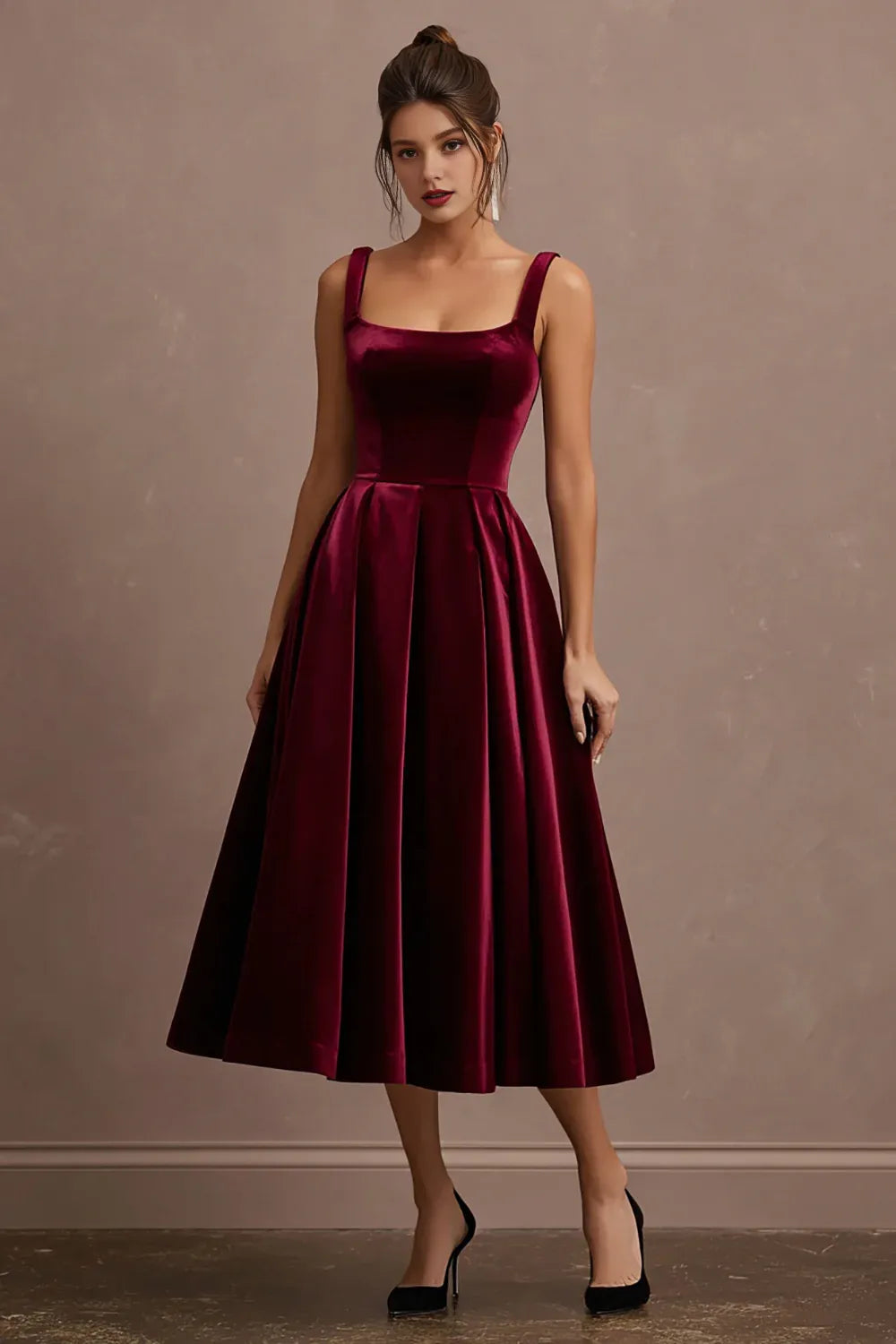 Simple A-Line Square Neck Sleeveless Velvet Tea-Length Prom Dress