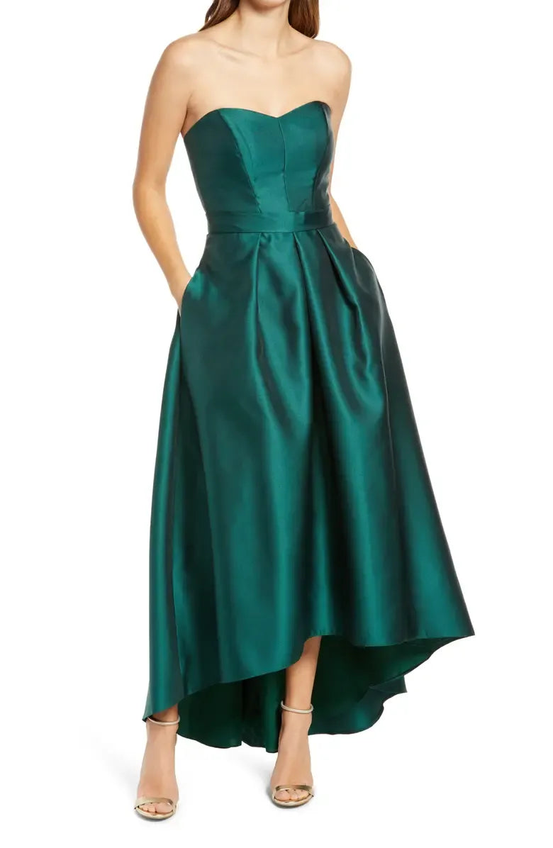 Simple A-Line Strapless Sleeveless Satin High/Low-Length Prom Dress