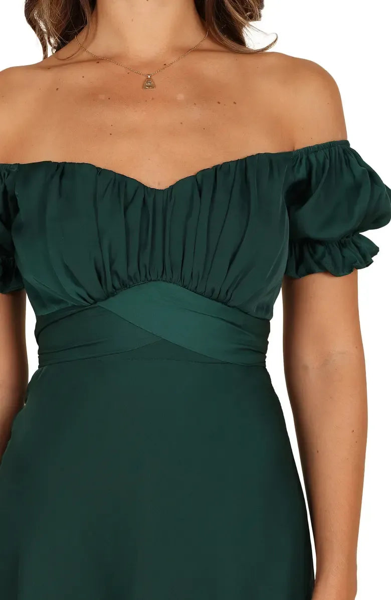 Simple A-Line Sweetheart Neck Short Sleeve Satin Tea-Length Prom Dress