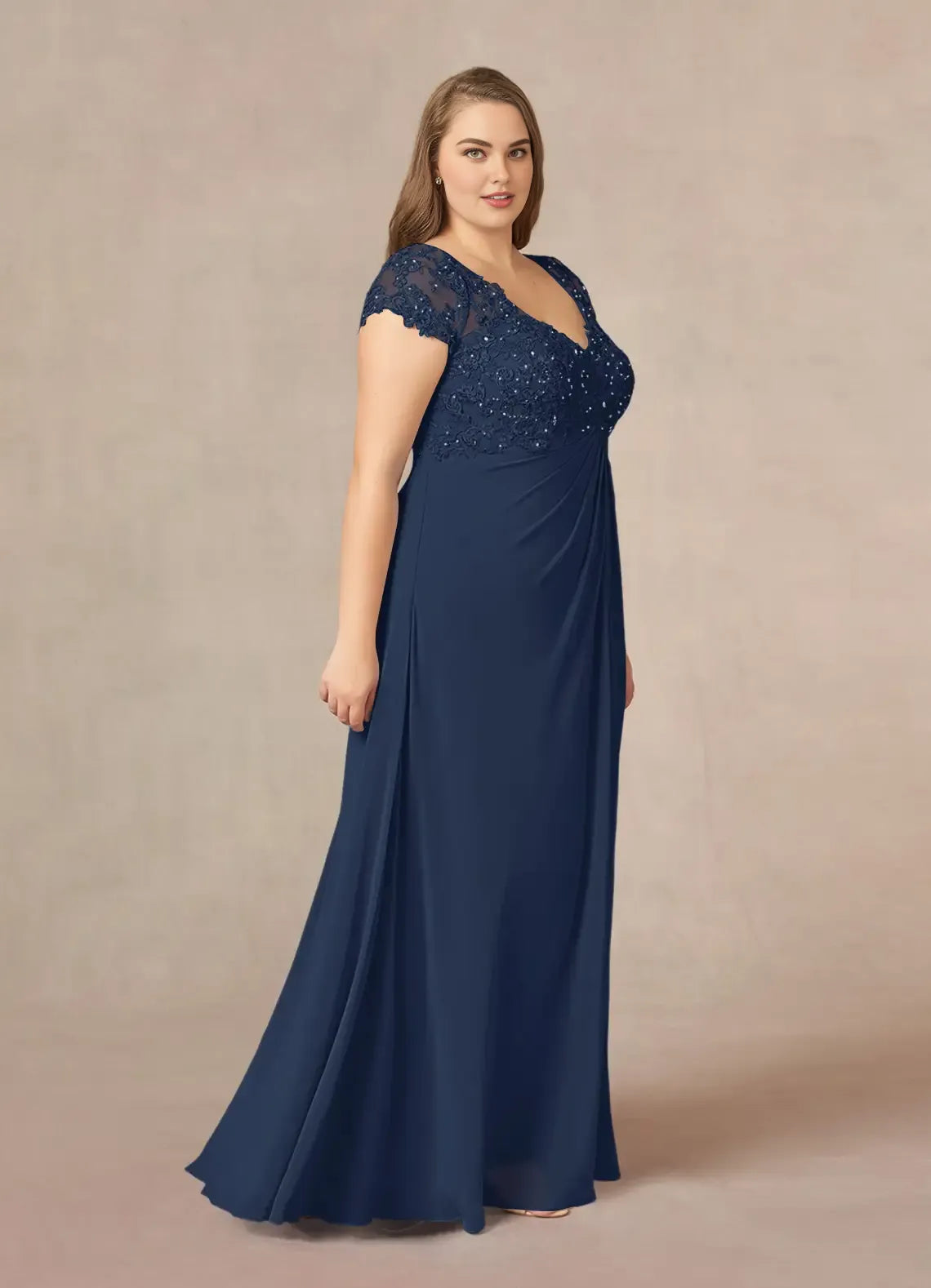 Simple A-Line V-Neck Cap Sleeves Keyhole Floor-Length Plus Size Mother of the Bride Dress