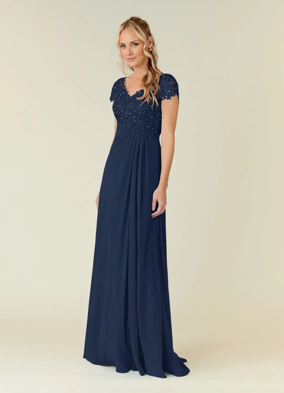 Simple A-Line V-Neck Cap Sleeves Keyhole Floor-Length Mother of the Bride Dress