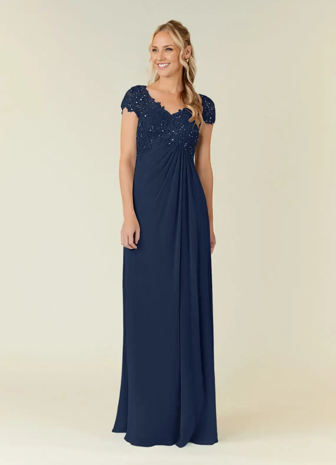 Simple A-Line V-Neck Cap Sleeves Keyhole Floor-Length Mother of the Bride Dress