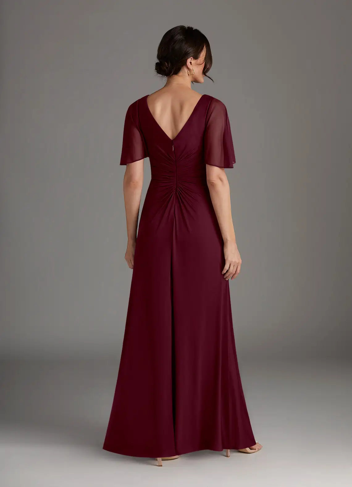 Simple A-Line V-Neck Flutter Sleeve Back Zip Floor-Length Mother of the Bride Dress