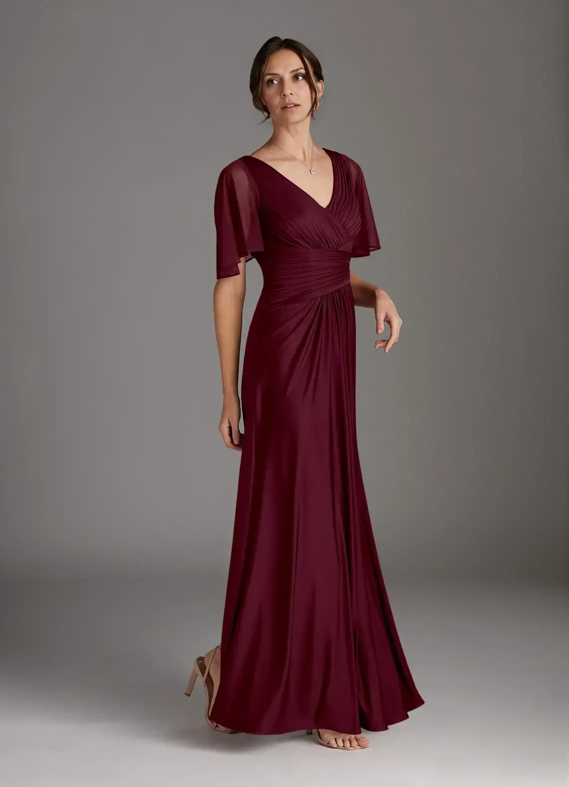 Simple A-Line V-Neck Flutter Sleeve Back Zip Floor-Length Mother of the Bride Dress