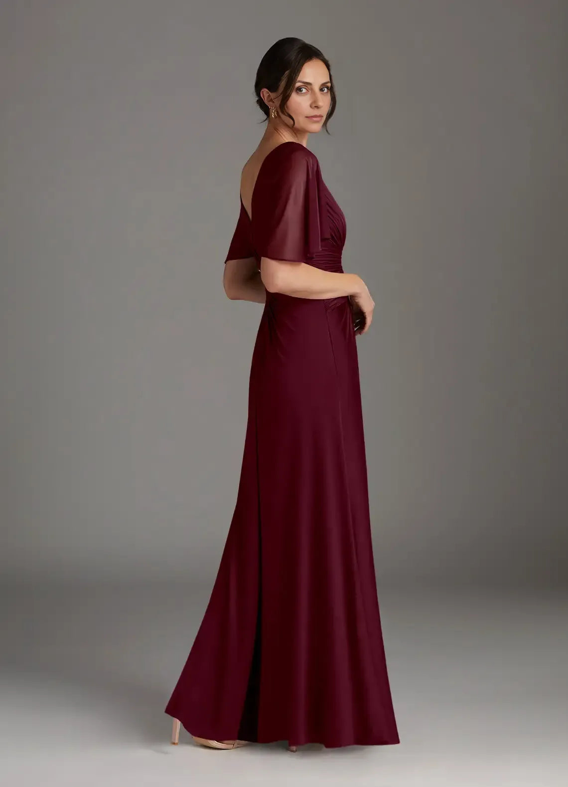 Simple A-Line V-Neck Flutter Sleeve Back Zip Floor-Length Mother of the Bride Dress