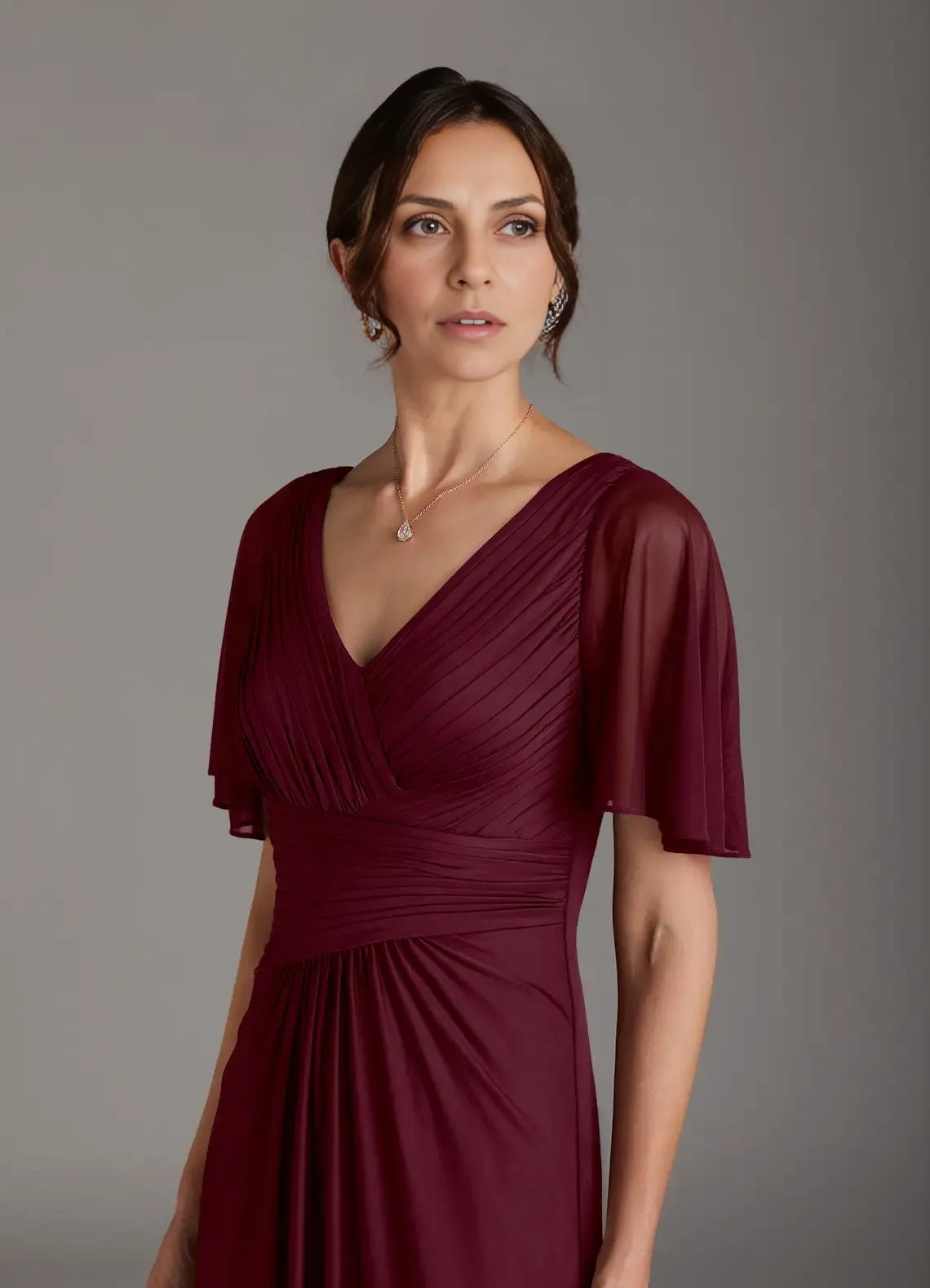 Simple A-Line V-Neck Flutter Sleeve Back Zip Floor-Length Mother of the Bride Dress