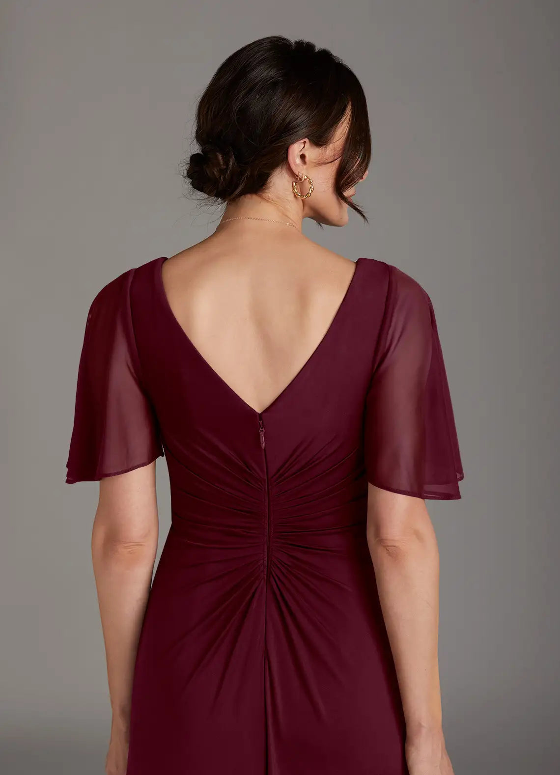 Simple A-Line V-Neck Flutter Sleeve Back Zip Floor-Length Mother of the Bride Dress