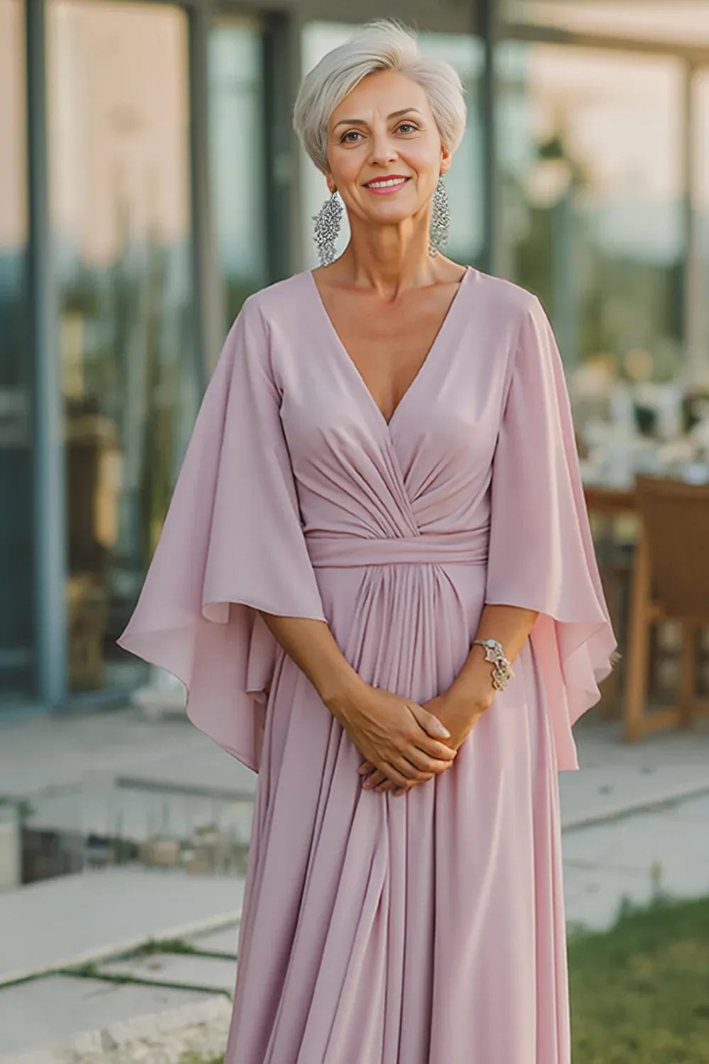 Simple A-Line V-Neck Flutter Sleeve Backless Floor-Length Mother of the Bride Dress